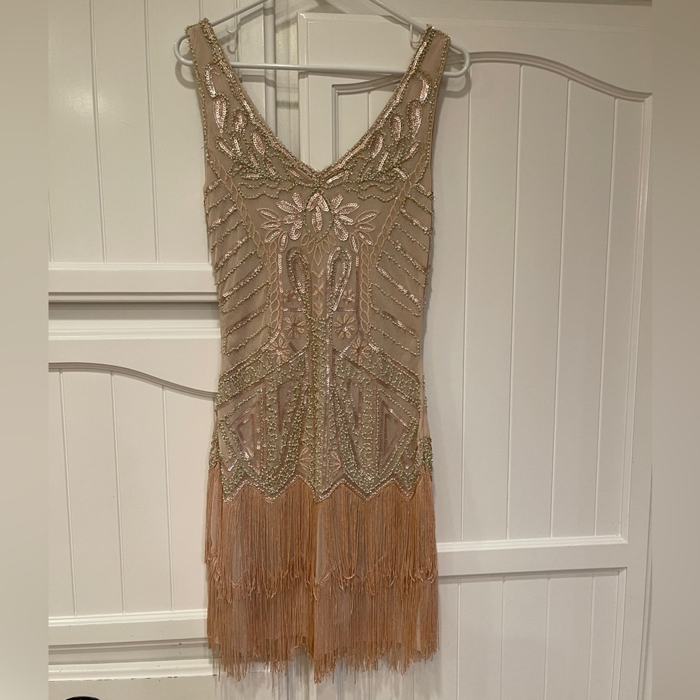 Women's Flapper Dress 1920s V Neck Beaded Fringed Great Gatsby Dress size XS